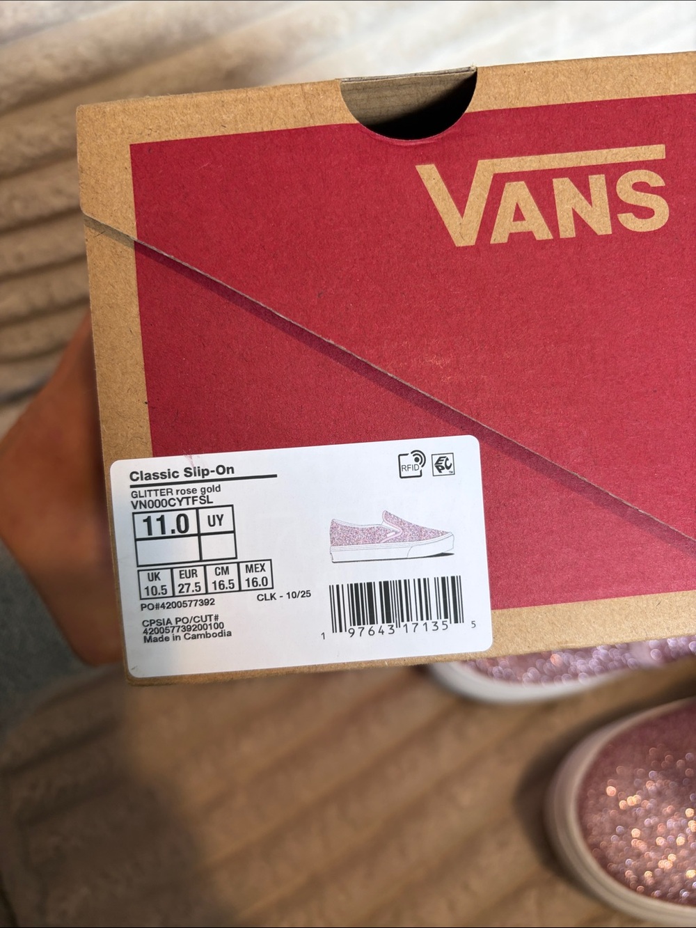 Vans Kids Slip-On Glitter Rose Gold Sneakers - Picture 2 of 3
